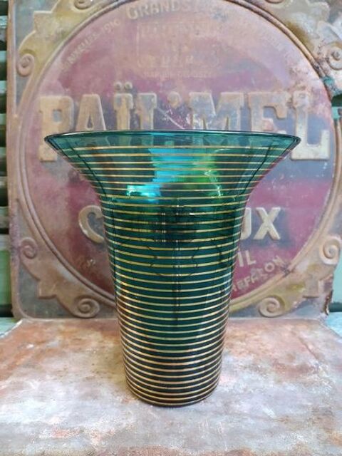 Grande Vase Vintage Verre Bleu et Stries Dorées Années 60 70 Loches (37)