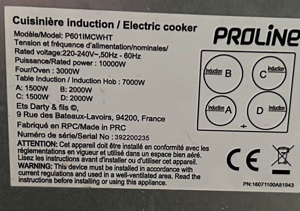 Cuisini&egrave;re Proline four int&eacute;gr&eacute; Electroménager