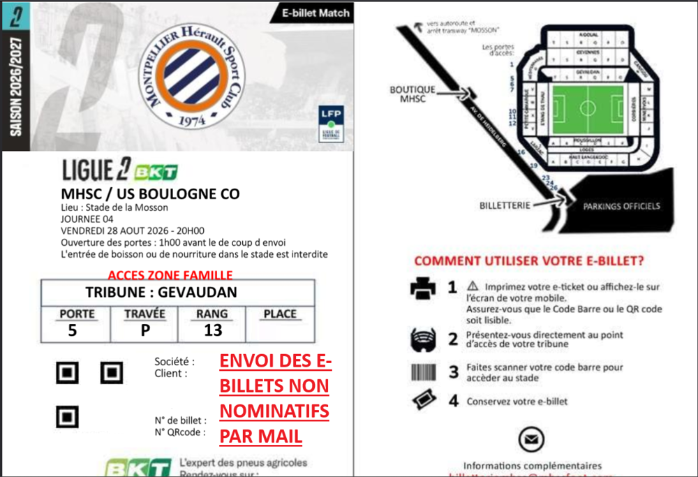 4 billets pour MHSC vs BOULOGNE vendredi 28 ao&ucirc;t &agrave; 20H Billetterie