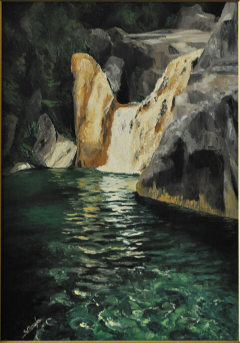 Tableau sur toile paysage cascade signé S. C. CARREYRE 90 Orléans (45)