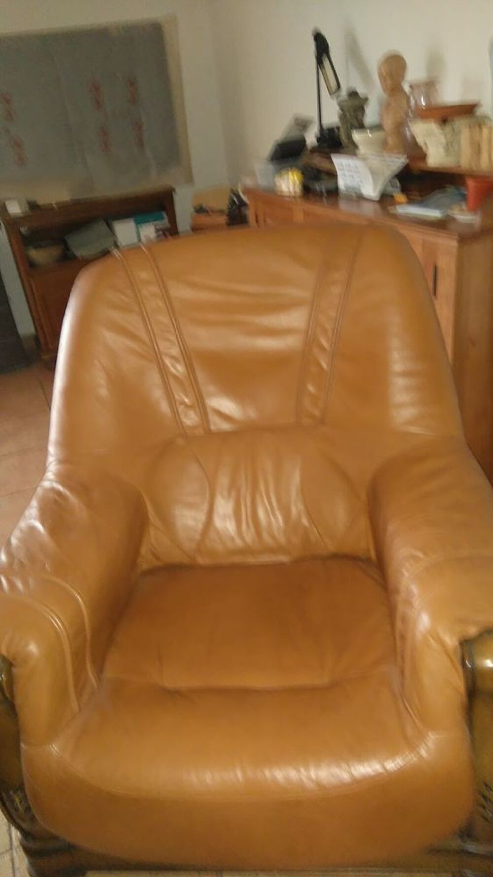 CANAPE EN CUIR 3 PLACES + 2 FAUTEUILS , MARRON CLAIR Meubles