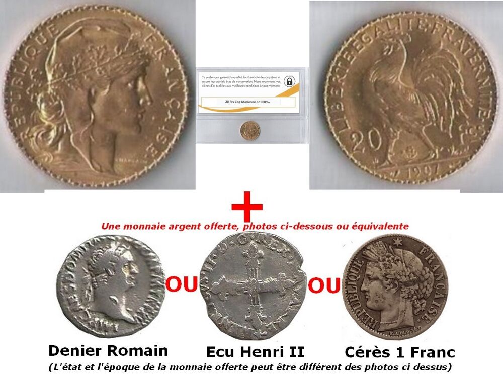 20 francs or, Marianne coq sous scell&eacute; + monnaie argent 
