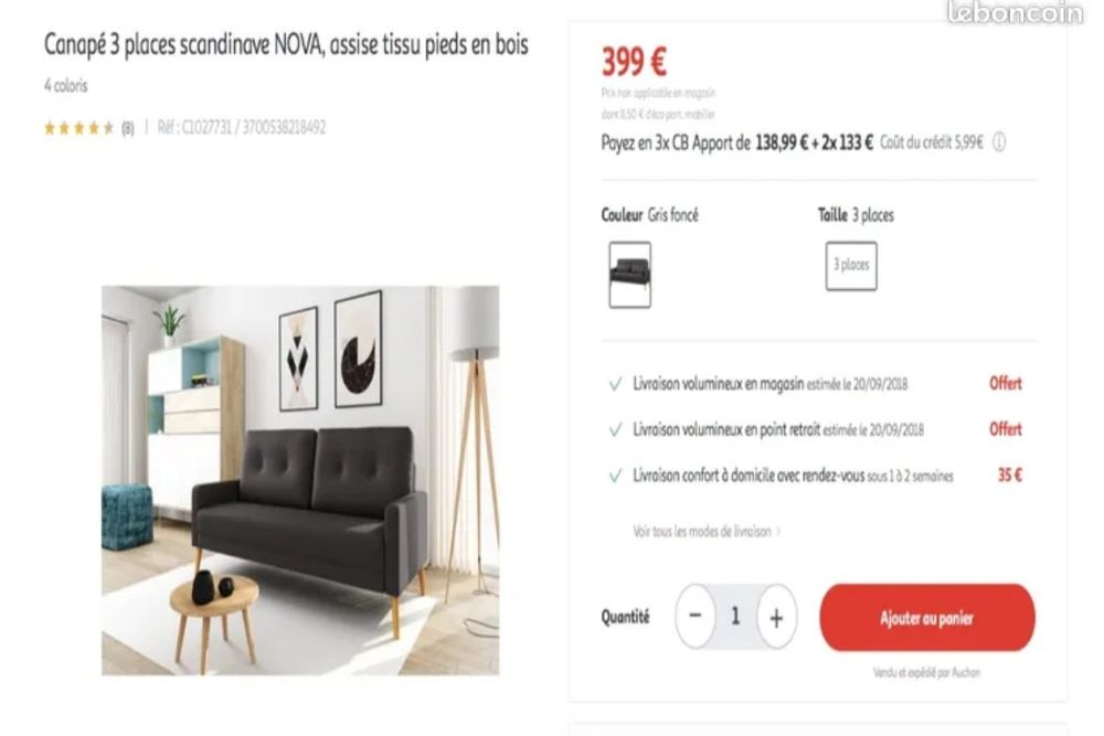 Canap&eacute; Gris Fonc&eacute; Tissu NON CONVERTIBLE Meubles