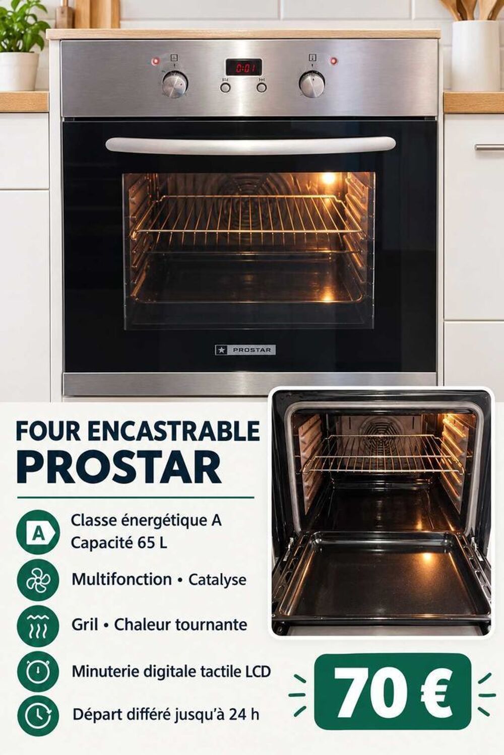 Four Encastrable Frostar Class A 65/Litres Multif Catalyse Grill Chaleur Tournante Porte Froide Diff&eacute;r&eacute; 24h Electroménager