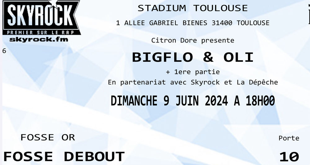 2 places de concert Bigflo et Oli 
Dimanche 9 juin 18:00 TFC Billetterie