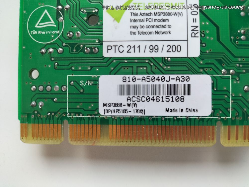Carte Modem/Fax "&nbsp;Vintage&nbsp;" H.P Aztech en slot PCI 56 Kbit/s Matériel informatique
