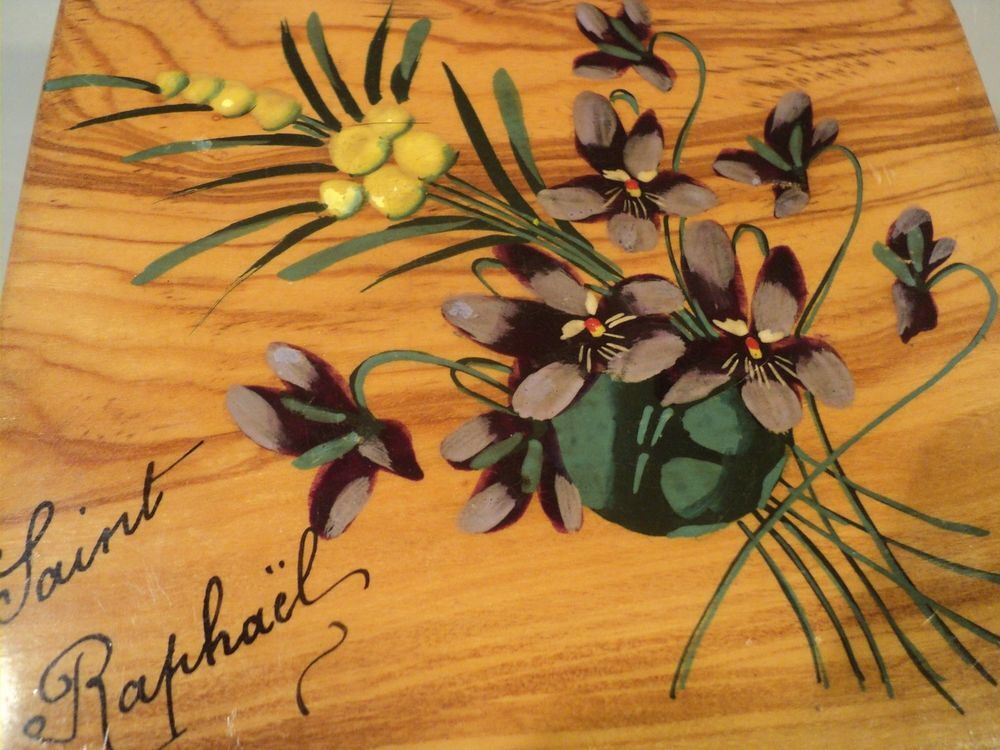 Ancienne Boite Saint-Rapha&euml;l Bois Peint Violettes &amp; Mimosa 