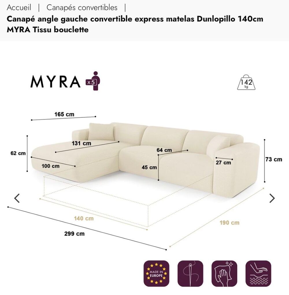 Canap&eacute; d'angle convertible bouclette &eacute;cru Meubles