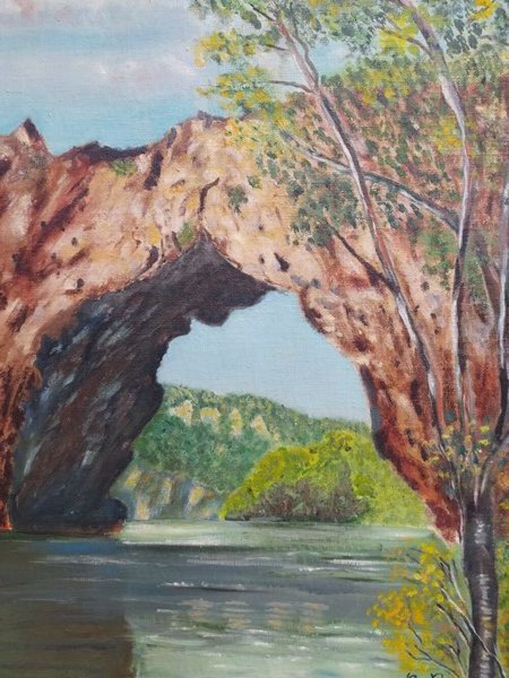 Tableau Le Pont d'Arc Ard&egrave;che Huile sur Toile Sign&eacute; E.G 