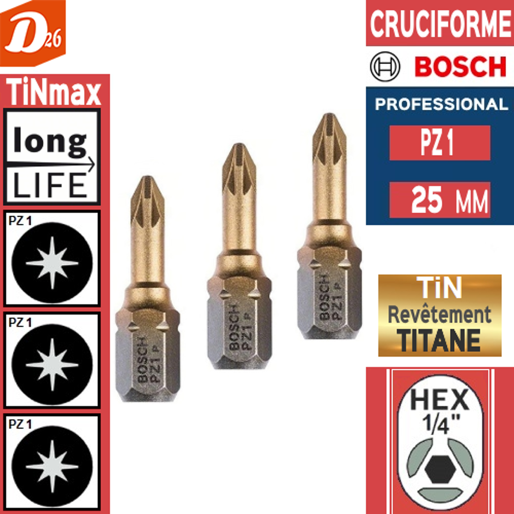   3 embouts de vissage BOSCH PZ 1 au NITRURE de TITANE 