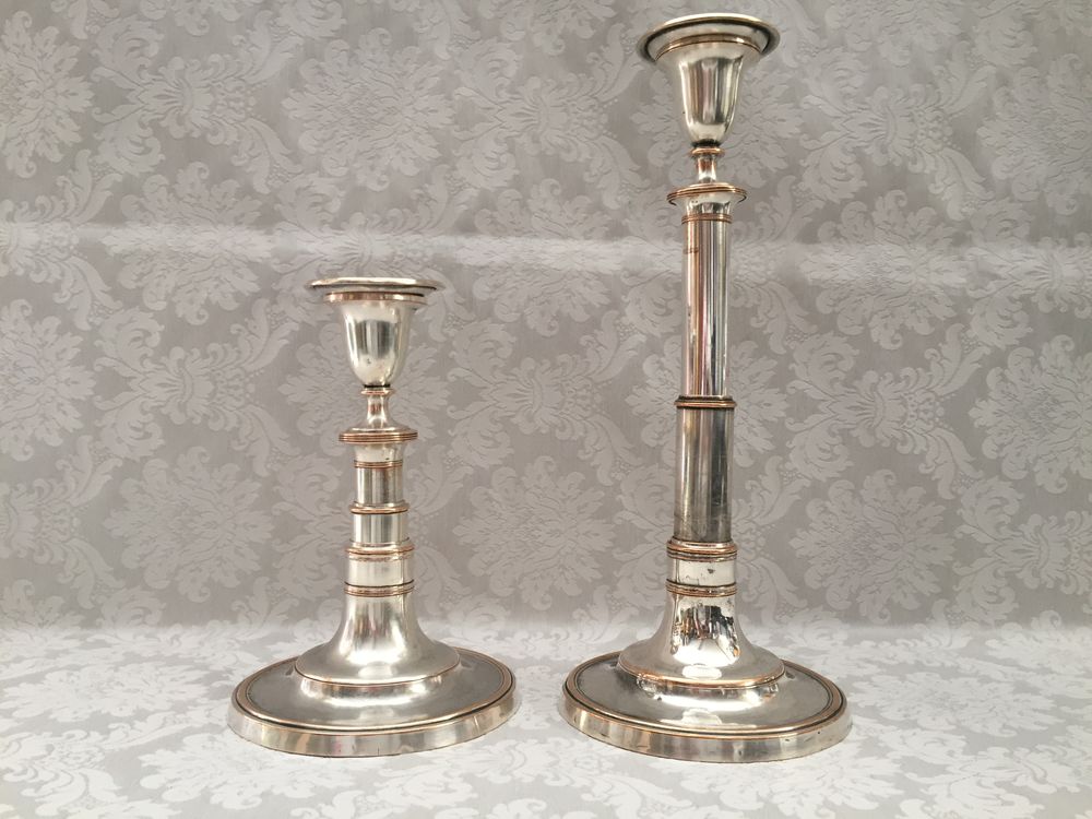 PAIRE DE BOUGEOIRS ATYPIQUES TELESCOPIQUES CUIVRE ARGENT 