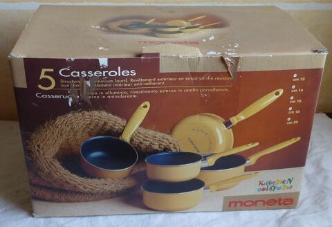 Batterie de 5 casseroles vintage avec fleurs oranges et marron