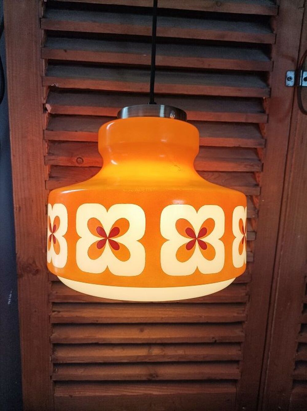 Suspension globe verre orange blanc fleurs DP 0823316 ancien Décoration