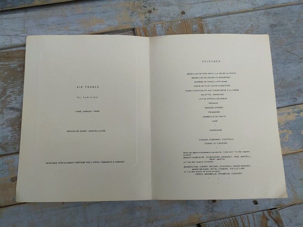 Menu Air France Vol Caracas Paris 1954 Paris Montmartre 