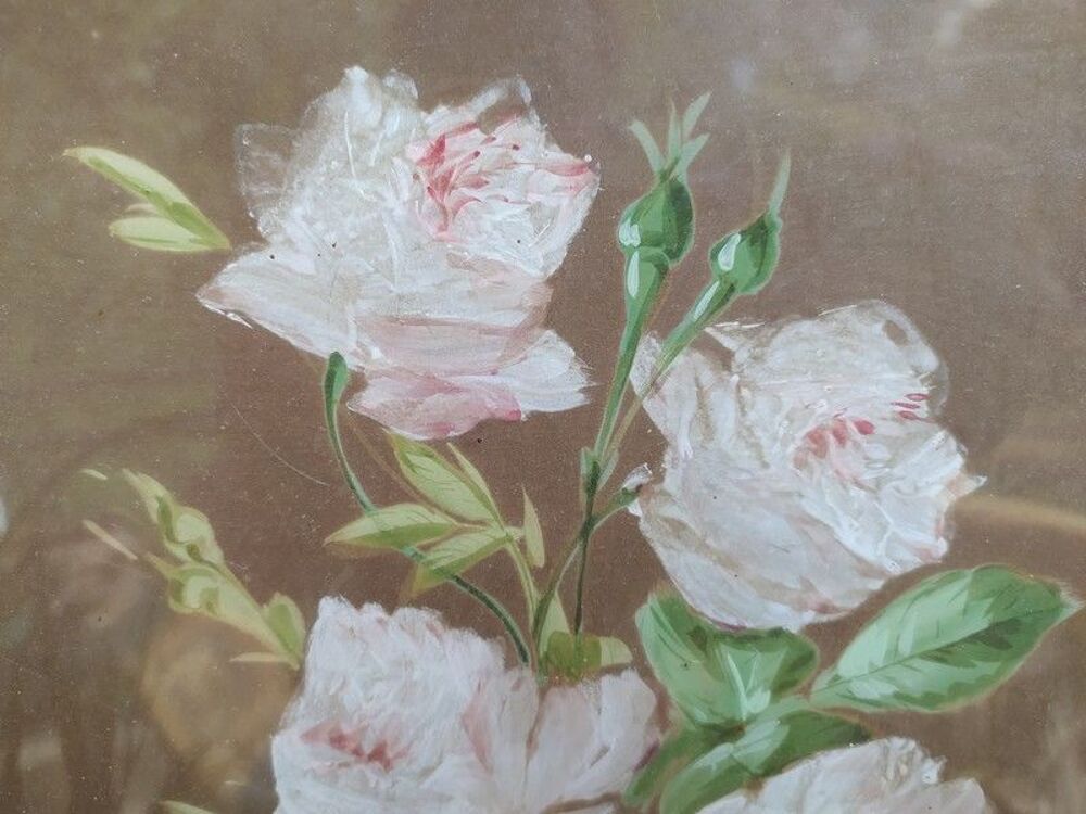 Ancien Tableau Fleurs de Rosiers Rose P&acirc;le Décoration