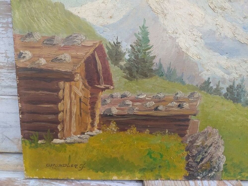 Tableau Paysage Montagne Chalet Sign&eacute; J.Grundler 
