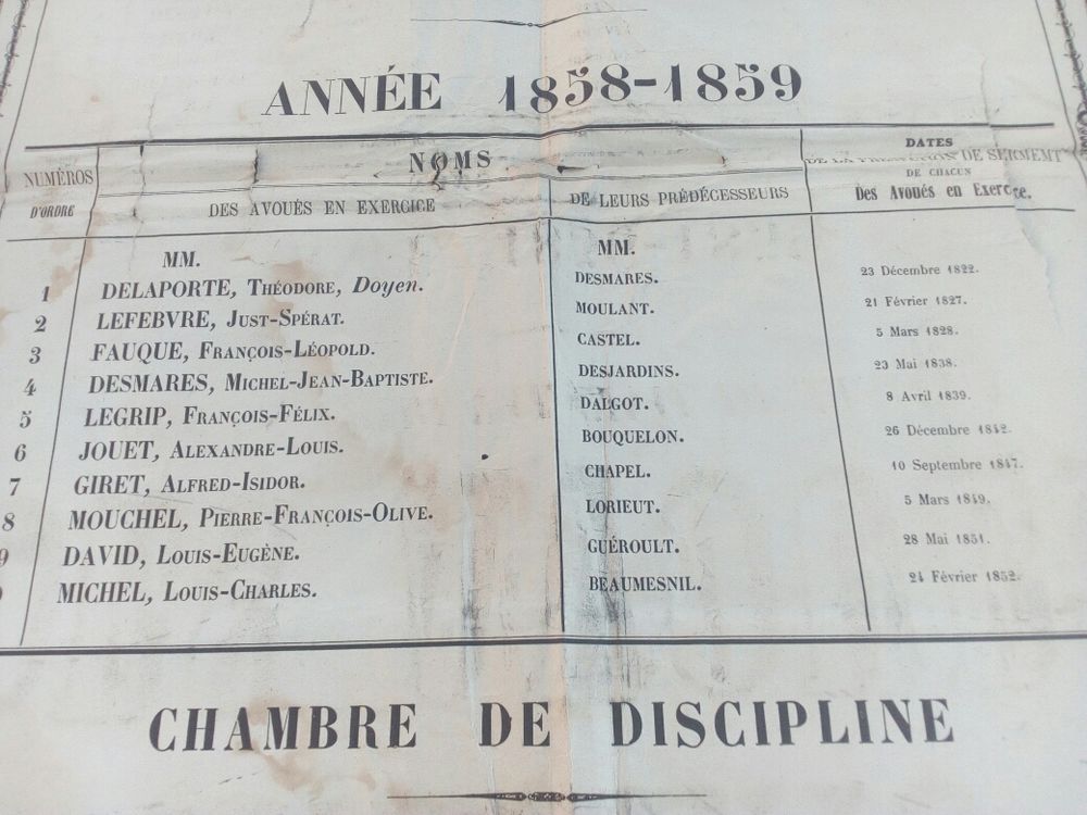 affiche tableau des avou&eacute;s pr&egrave;s le tribunal civil 1858 1859 