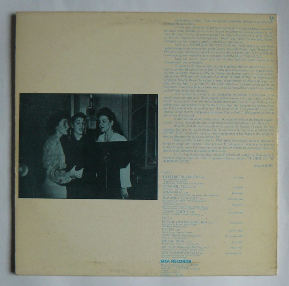 LP The ANDREWS SISTERS : Original recordings 1938-1944 CD et vinyles