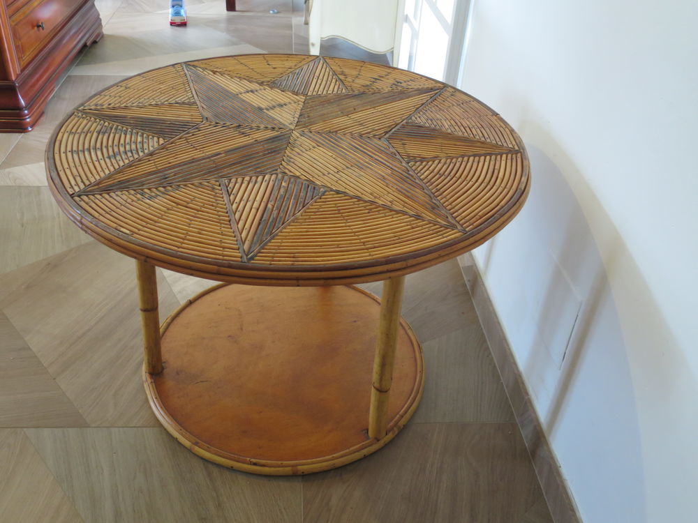 Vintage - jolie table basse ronde - bambou rotin et bois Meubles