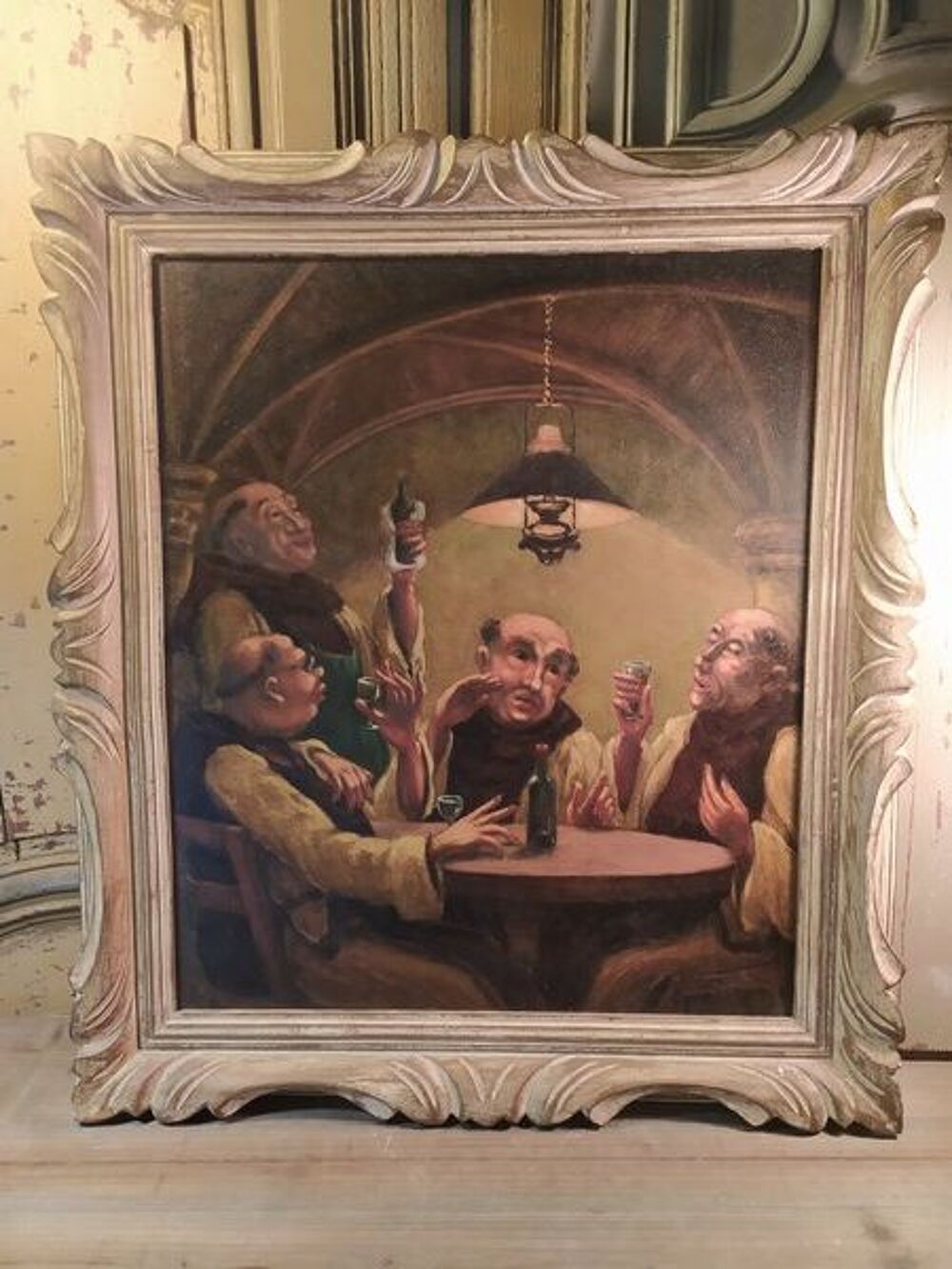 Tableau Moines Buvants Cadre Ancien Décoration