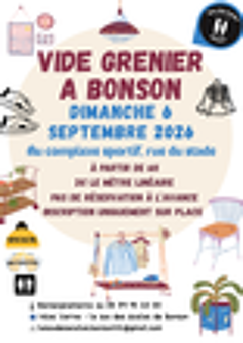 Vide Grenier du Sou des &eacute;coles de Bonson le 6/09/2026 Vide grenier, marché aux puces, braderie