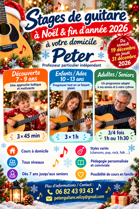 STAGE DE GUITARE &agrave; domicile
NO&Euml;L - FIN D'ANN&Eacute;E
0 78140 Vélizy-villacoublay