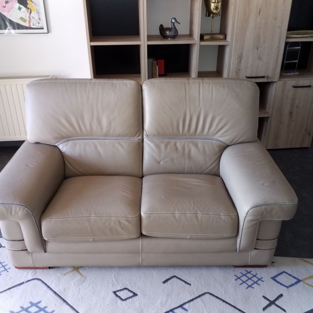 Canap&eacute; 2 places en cuir gris-beige, tr&egrave;s bon &eacute;tat Meubles
