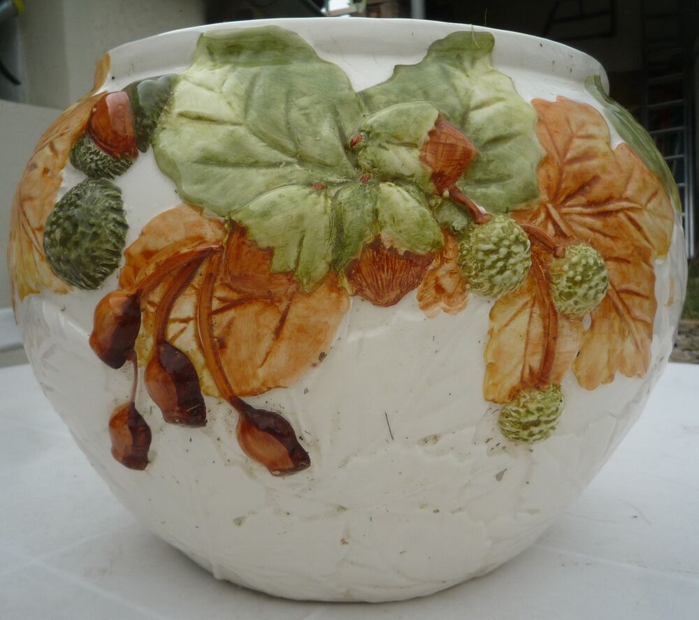 magnifique grand cache pot en barbotine c&eacute;ramique vintage Décoration