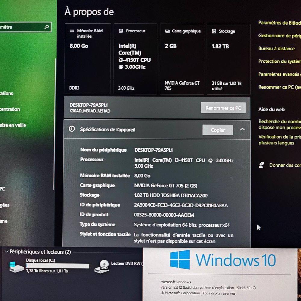 Pc ASUS Intel core i3 8go Ram 2To Windows 10 Ordinateur Bure Matériel informatique