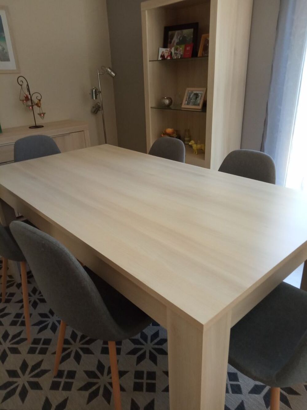 TABLE SEJOUR 170X90 Bois clair + 6 CHAISES Tissu gris Meubles