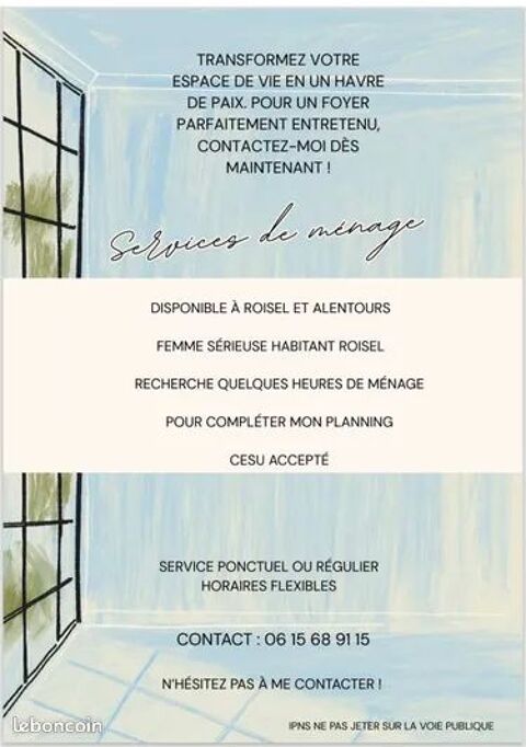 Femme de m&eacute;nage sur roisel ou ses proches allentours 0 80240 Roisel