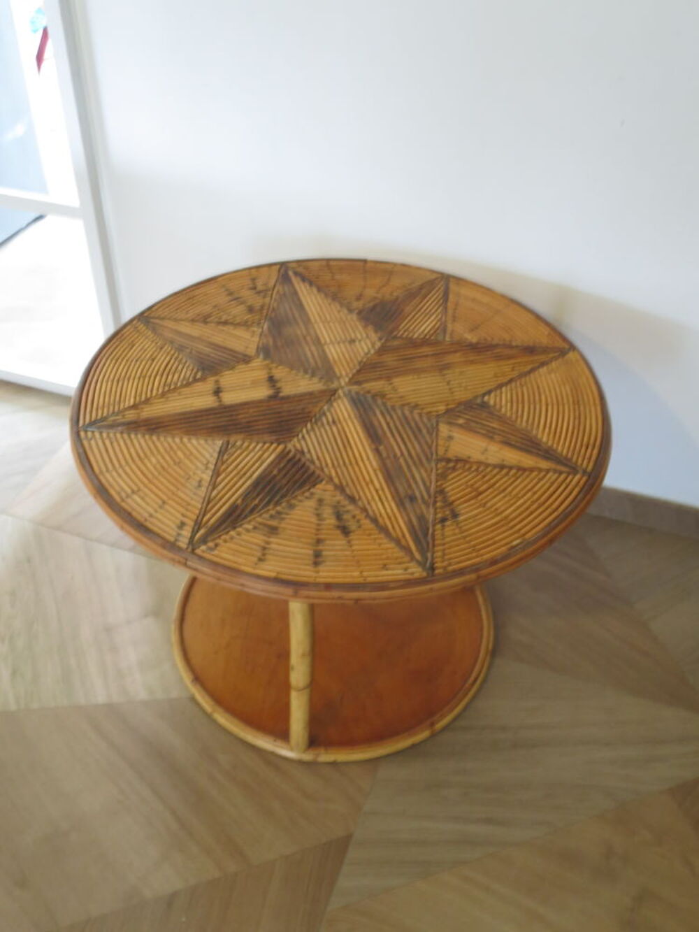 Vintage - jolie table basse ronde - bambou rotin et bois Meubles