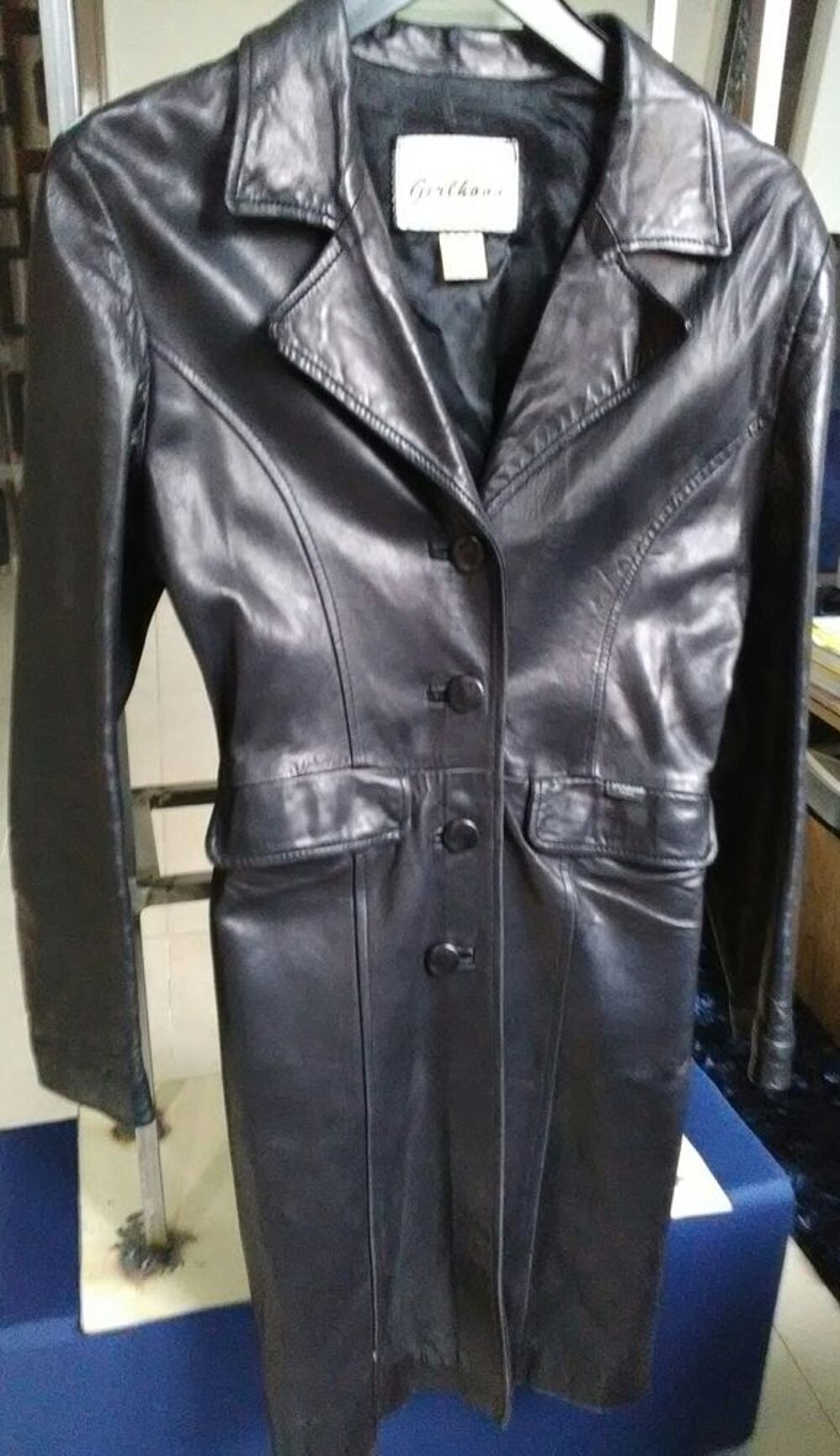 Manteau redingote cuir noir taille 1 veste longue Vtements