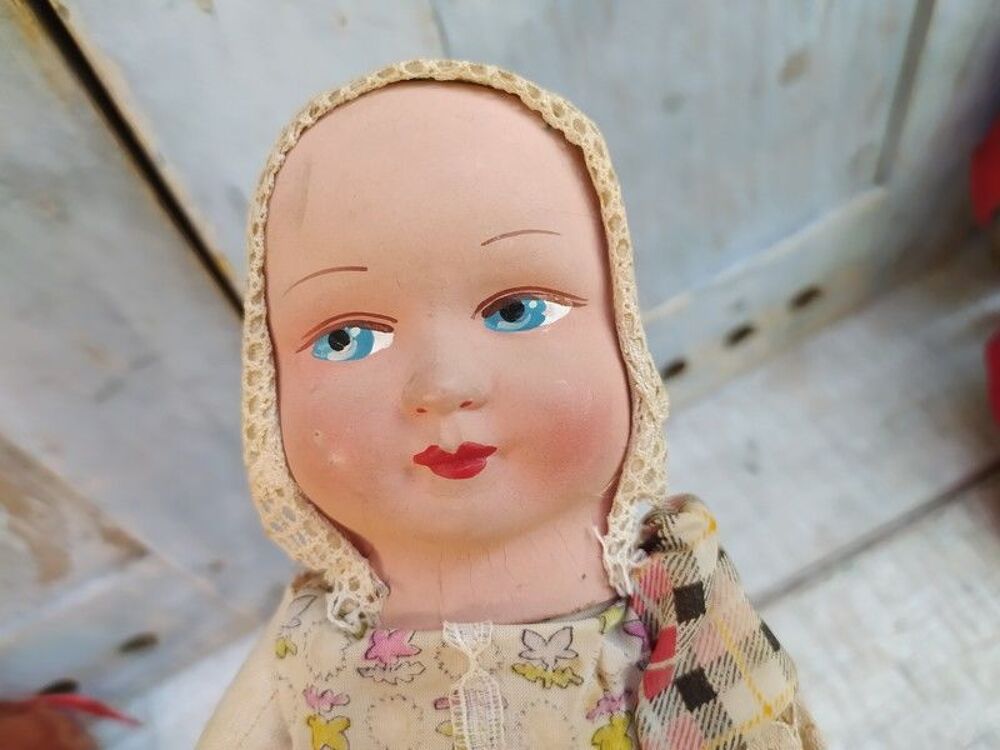 Ancienne Poup&eacute;e Chiffon T&ecirc;te Carton Bouilli 
