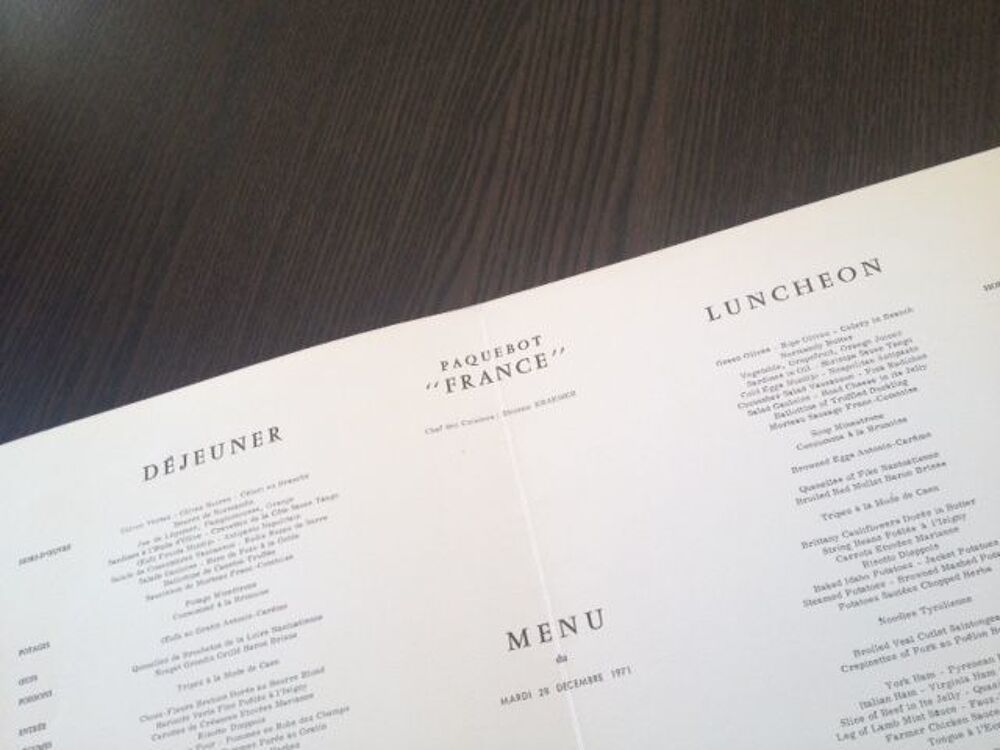 Menu paquebot France 28/12/71 