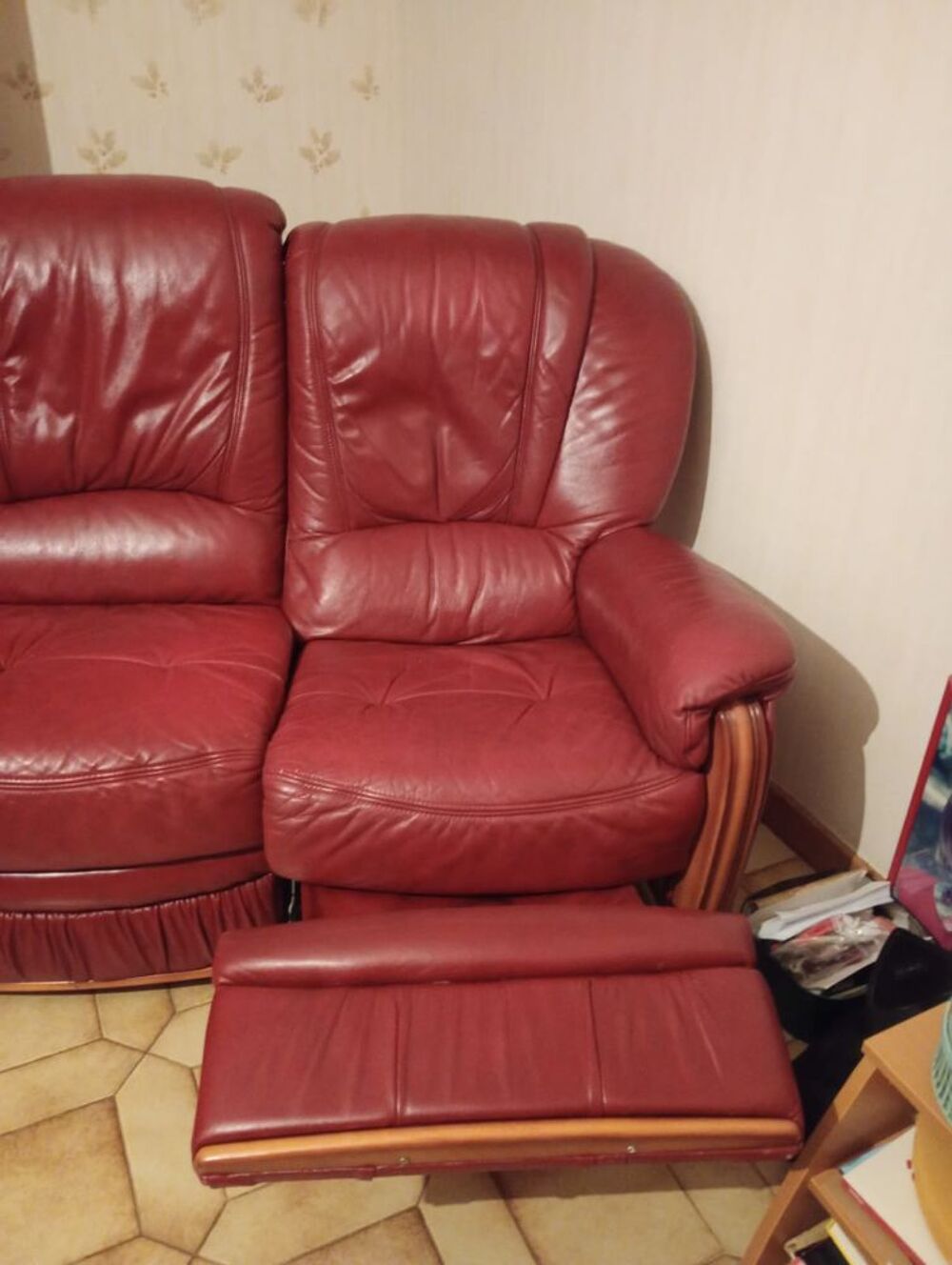 Canap&eacute; cuir + fauteuil bordeaux Meubles