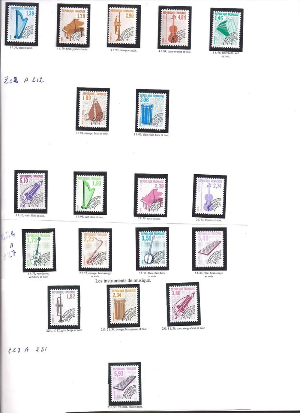 s&eacute;rie timbres affranchi type instruments musique 