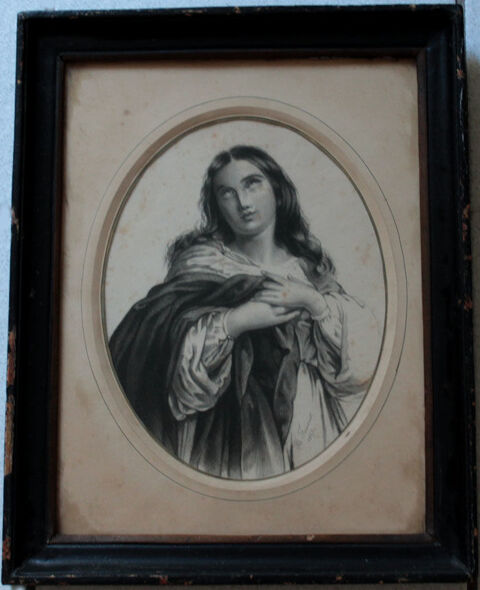 ANCIEN DESSIN JEUNE FEMME AUX YEUX LEV�S sign� FOUSSET 1867 80 Nice (06)