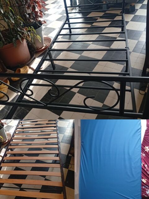 Lit en fer forg avec sommier  lattes et matelas  30 Chteaudun (28)