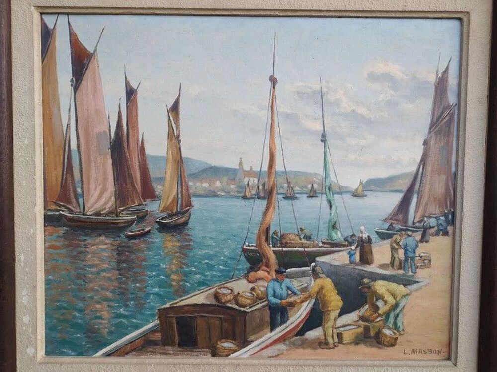 Ancien Tableau Marine P&ecirc;cheurs Bretagne Sign&eacute; L. Masson 