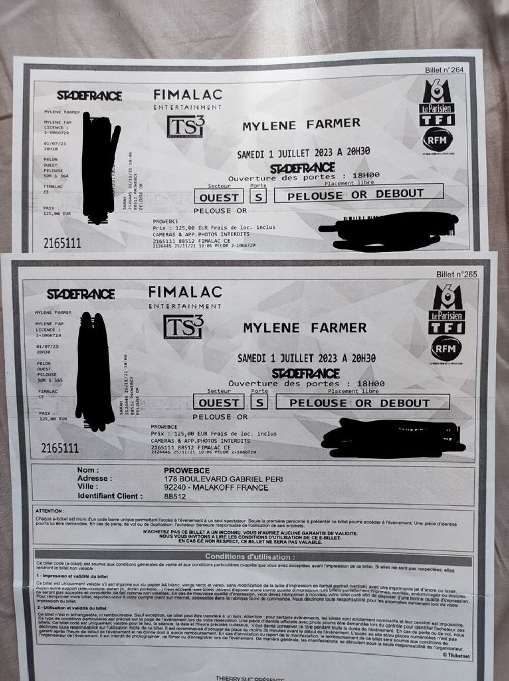 2 billets fosse OR - Myl&egrave;ne Farmer - 1er Juillet 2023 SDF Billetterie