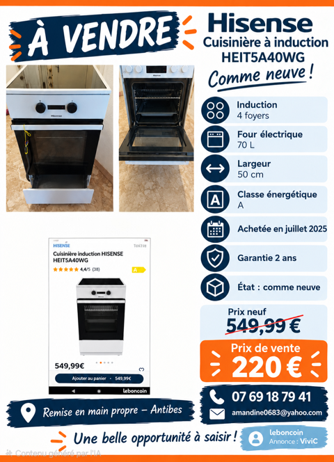 cuisiniere induction 50cm , achetée en juillet 2025, 220 Juan Les Pins (06)
