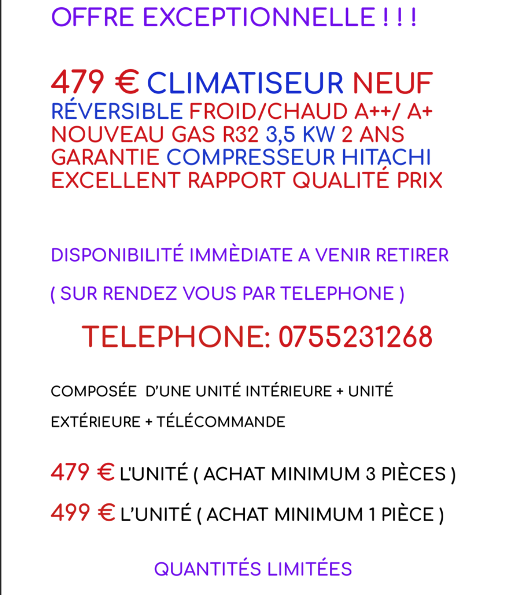 479 € CLIMATISEUR NEUF R&Eacute;VERSIBLE CHAUD/FROID A++/ A+ 3,5KW Electroménager