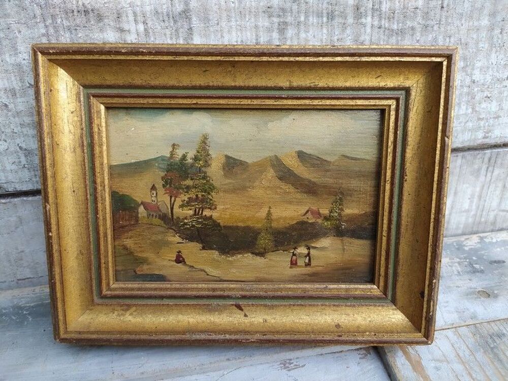 Petit Tableau Peint sur Bois Paysage de Montagne Style XIXe 