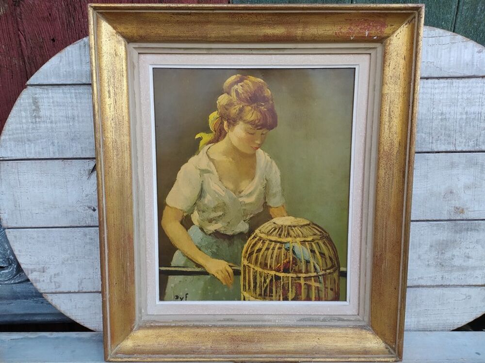 Tableau Marcel Dyf Jeune Femme et la Cage aux Oiseaux Cadre Décoration