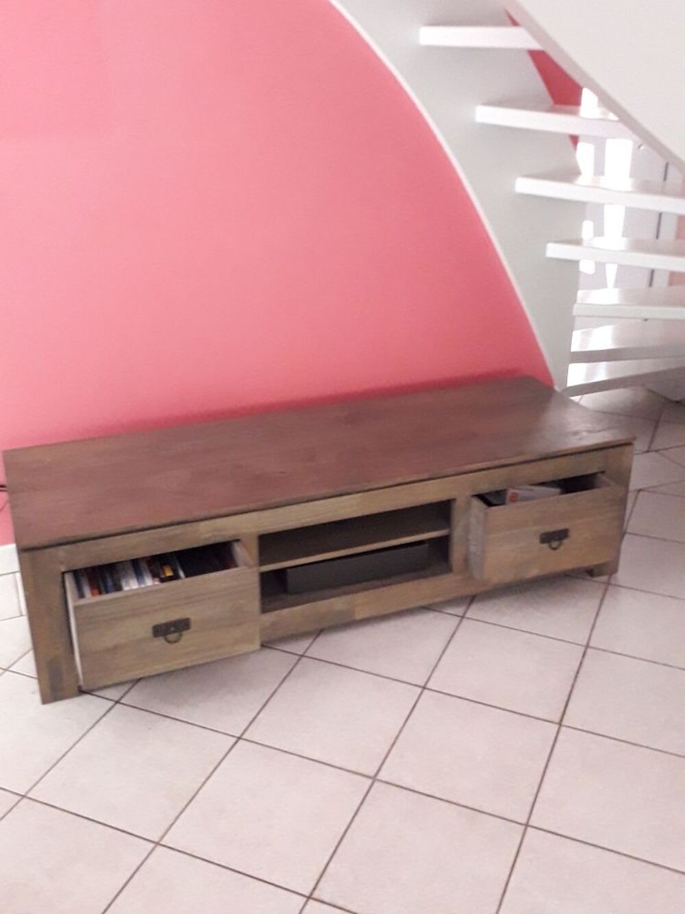 Meuble TV bois massif deux tiroirs H Meubles