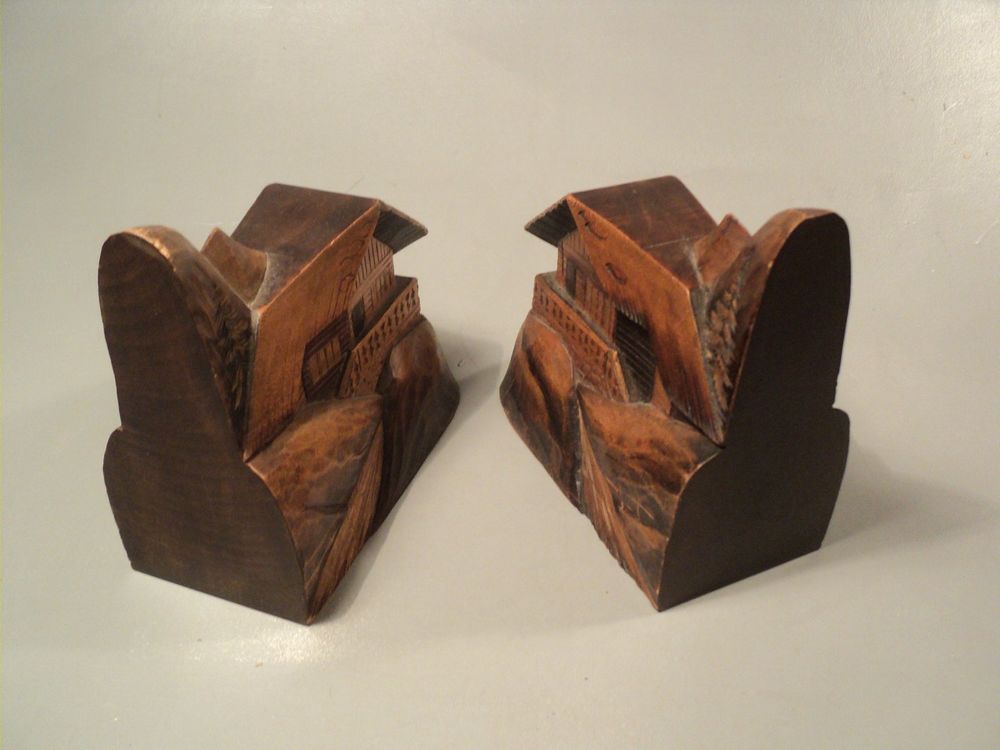 Anciens Serre-Livres Bois Sculpt&eacute; Chalet Montagne Ann&eacute;es 50 Décoration