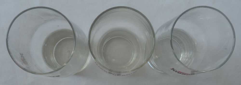 3 verres Kronembourg 25 cl
Hauteur 14,5 cm Diam&egrave;tre 5,5 cm 
Cuisine
