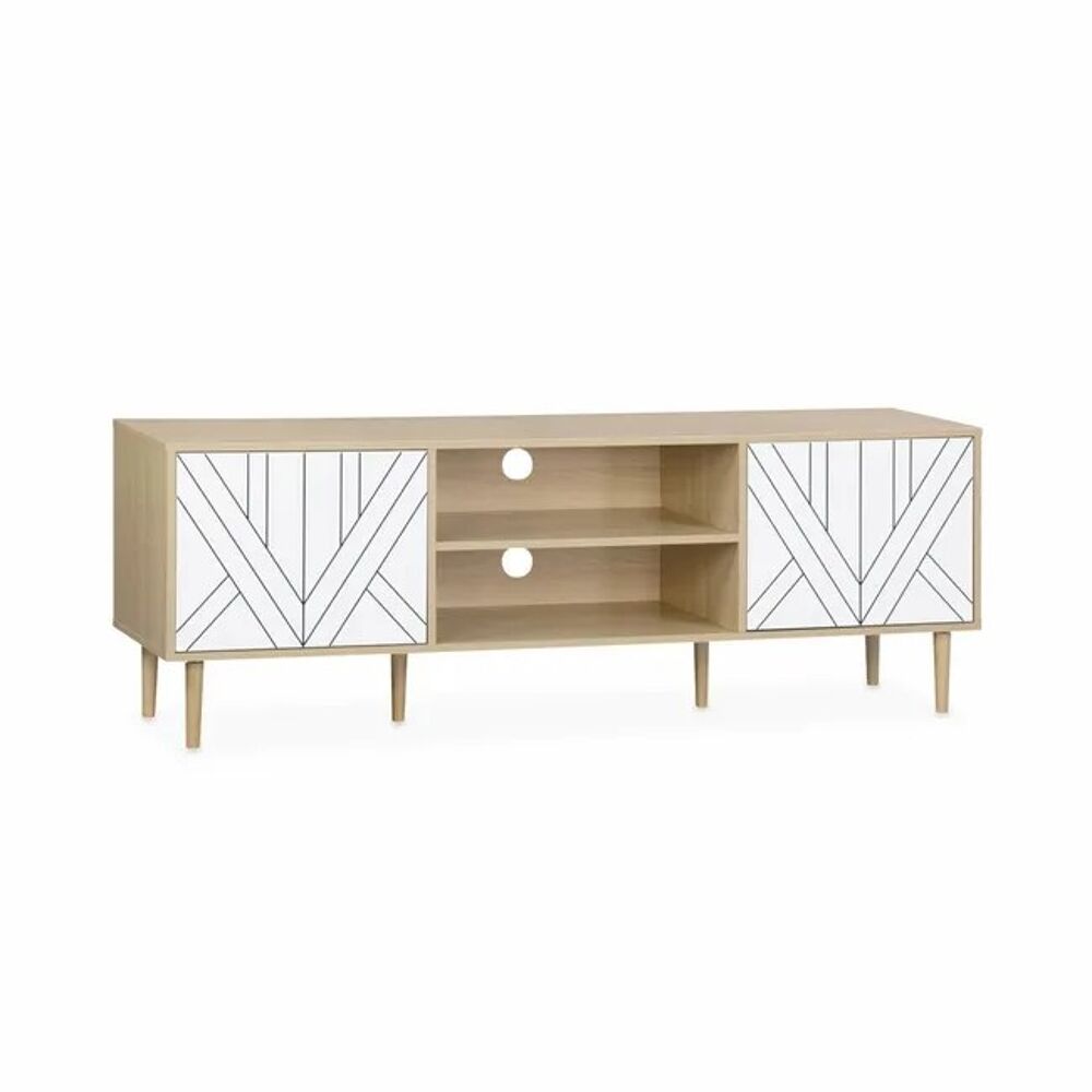 Meuble TV scandinave 2 portes bois/blanc - 160x40x56 cm Meubles