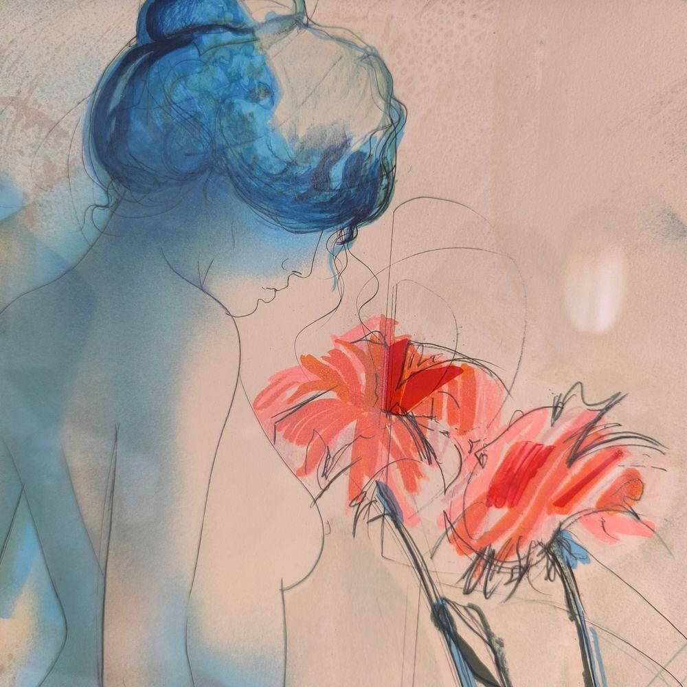 Magnifique lithographie sign&eacute;e ?'Nu Aux Dahlias'' 